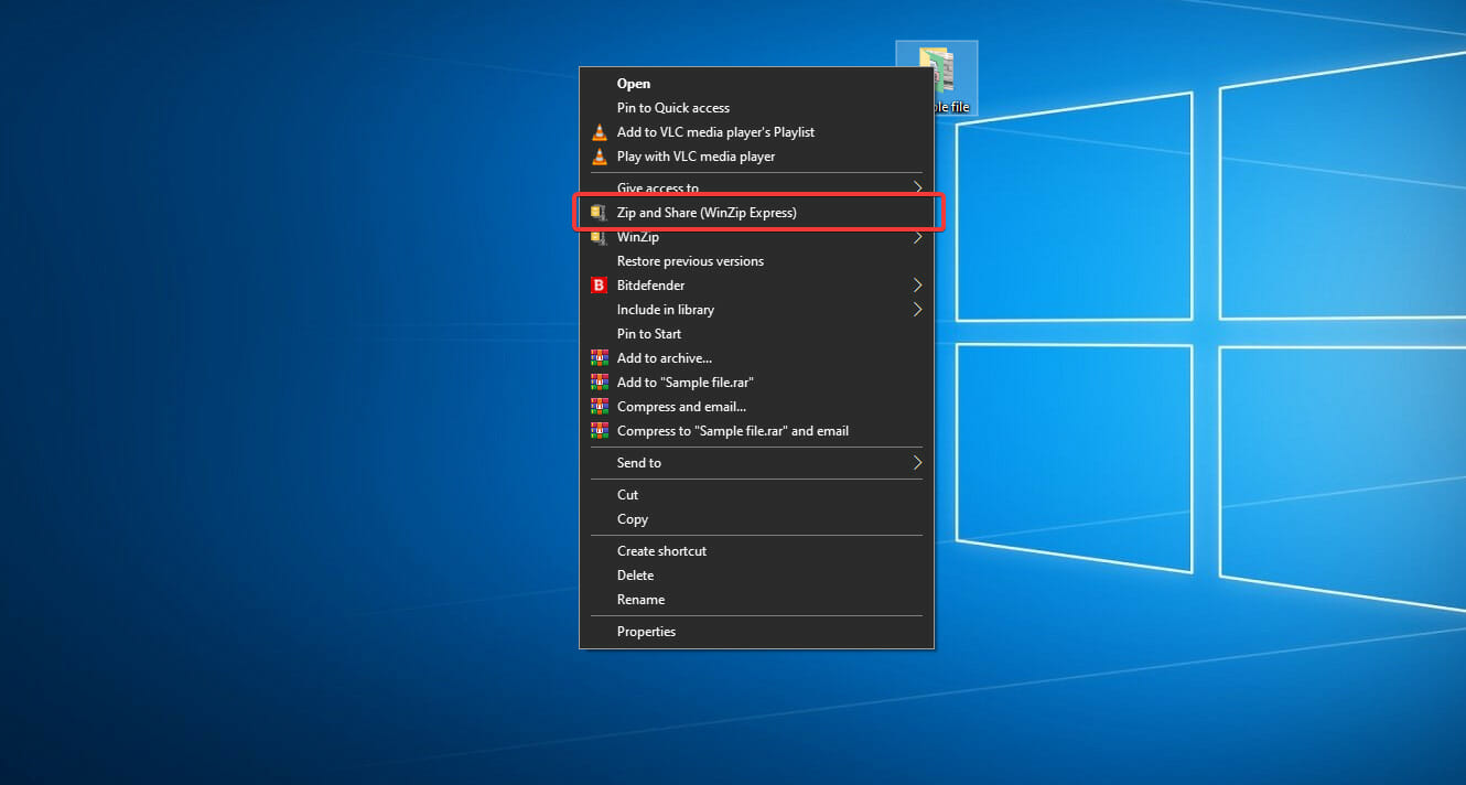 Меню WinZip: Zip and Share (WinZip Express)