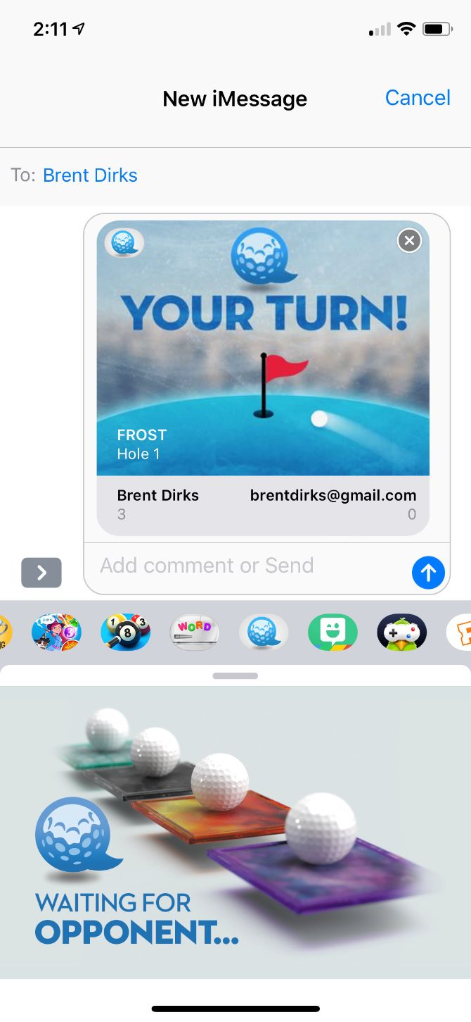 Отправка хода в Mr. Putt через iMessage: карта с луной и счётом
