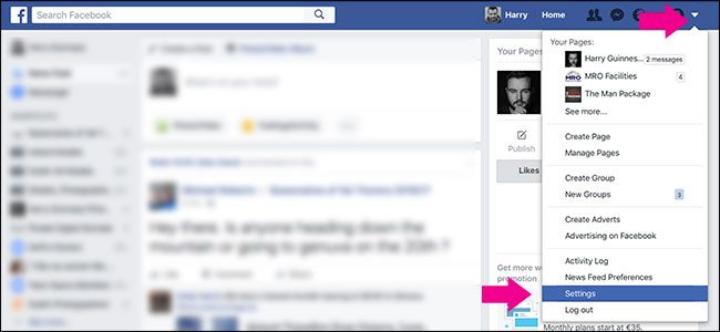 Меню настроек Facebook, стрелка в правом верхнем углу