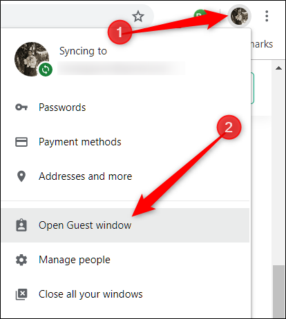 Меню профилей в Chrome, показывающее вариант открыть гостевое окно