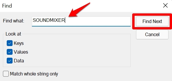 Поиск ключа SOUNDMIXER в реестре