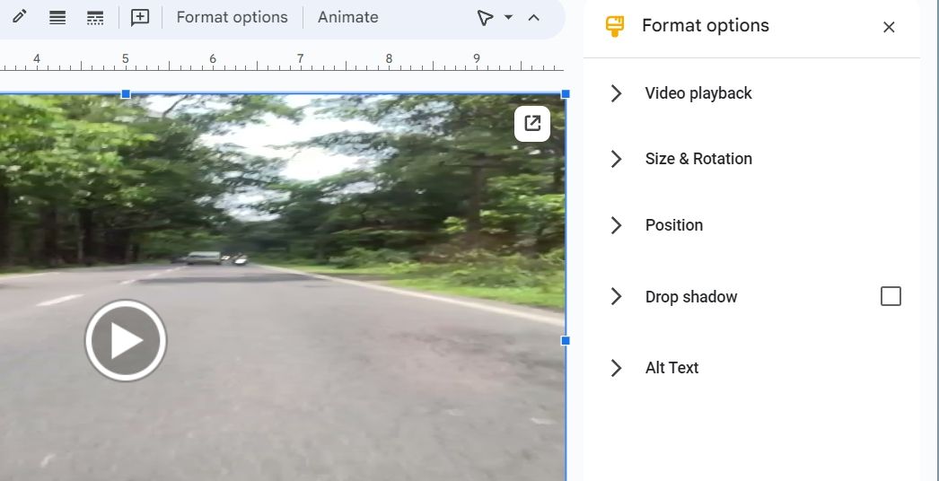 Параметры форматирования видео в Google Slides