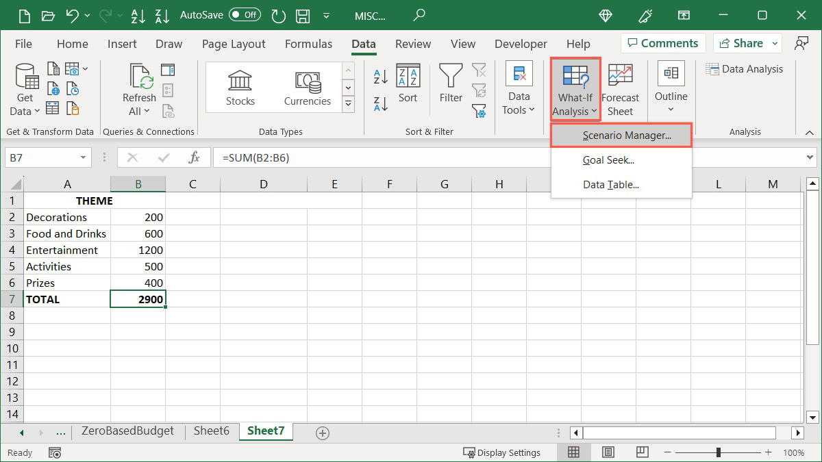 Диспетчер сценариев в меню Анализ 