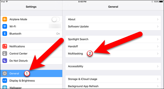Экран Настройки → Основные с подсвеченным пунктом Многозадачность