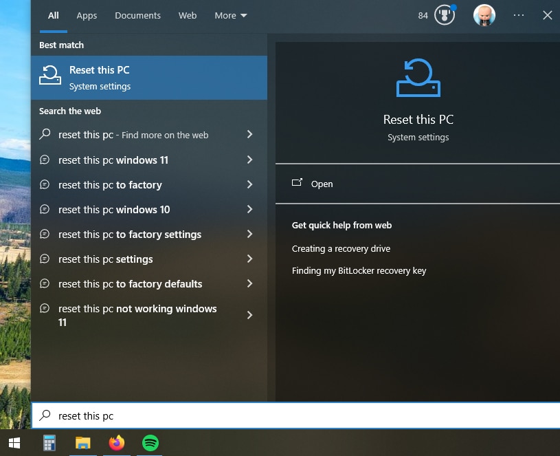 Параметры сброса компьютера в Windows
