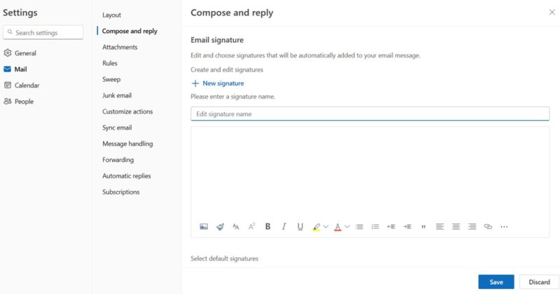 Подпись Outlook в браузере: доступ из Настроек, Compose and Reply