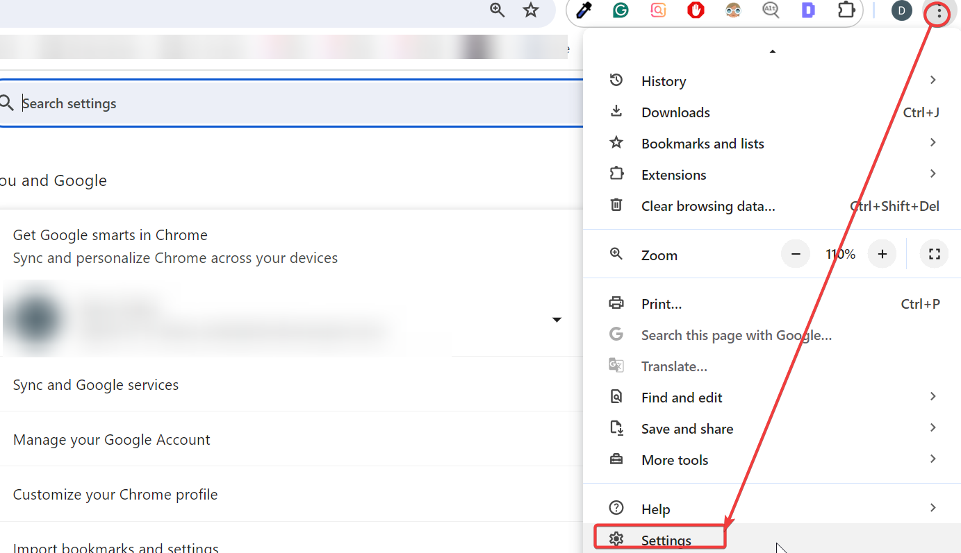 Пункт «Настройки» в Google Chrome