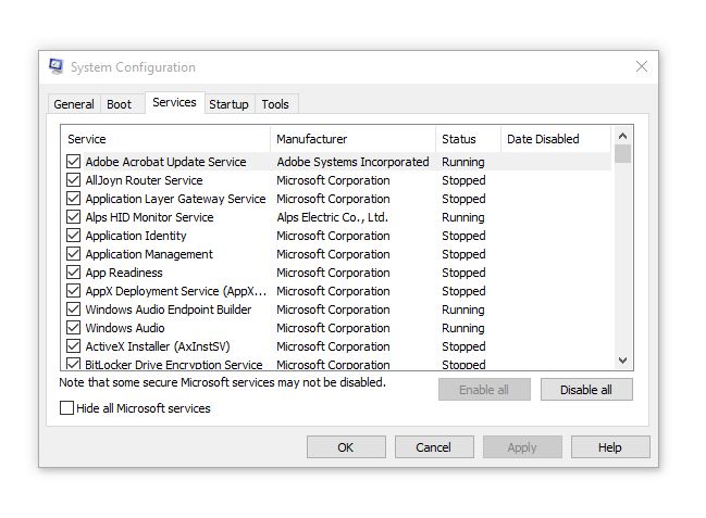 Вкладка «Службы» в конфигурации системы