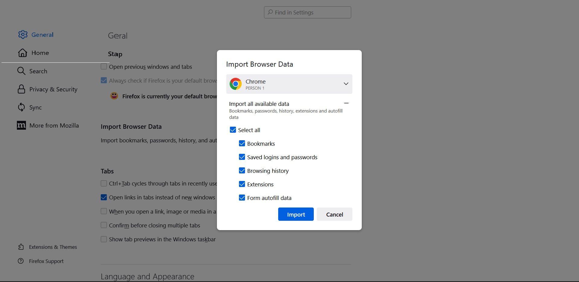 Окно импорта данных в Firefox