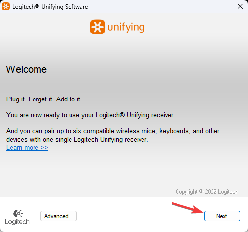 Кнопка Next в мастере Logitech