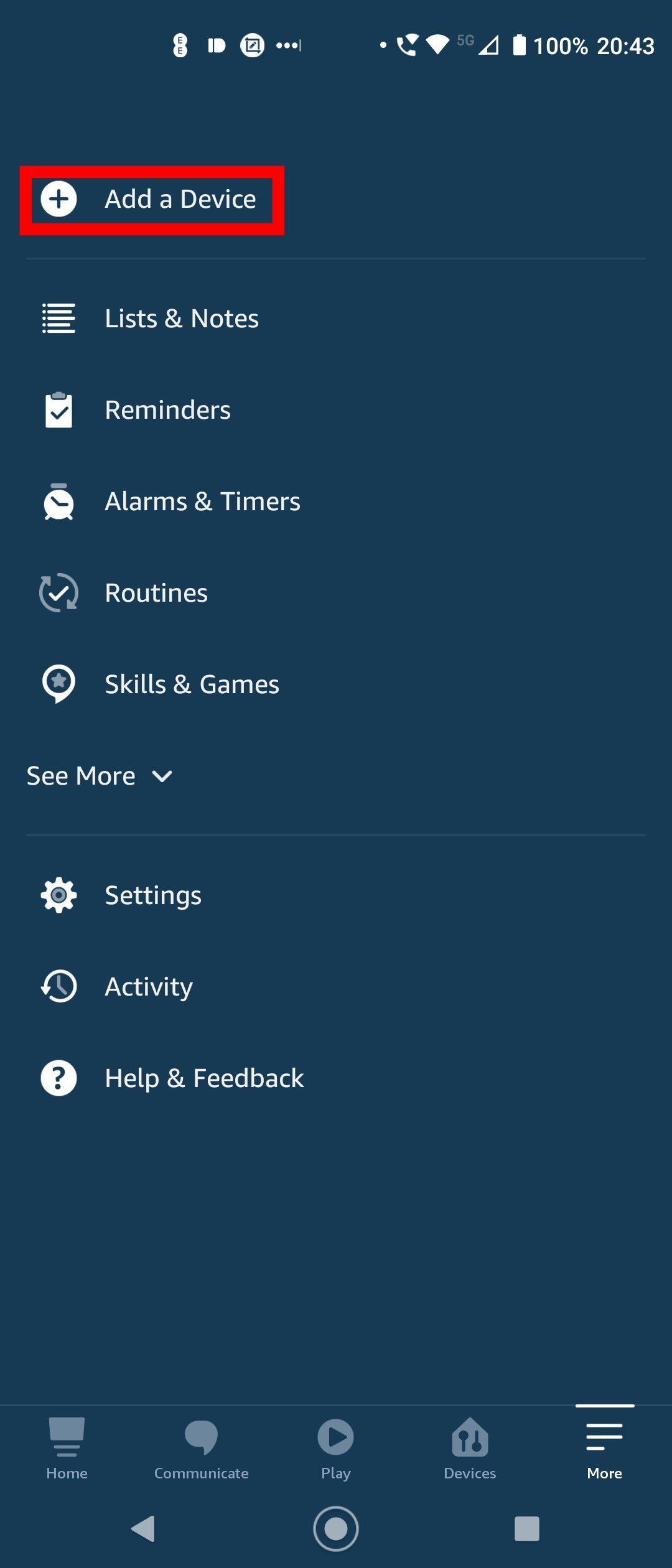 Добавление нового устройства в приложении Alexa