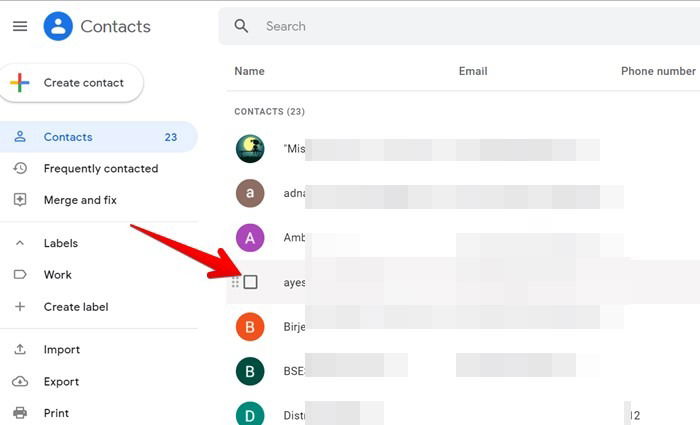 Выбор контактов в Google Contacts на ПК