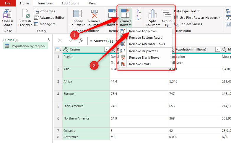 Power Query Editor с подсвеченными 'Remove Rows' и 'Remove Top Rows'.