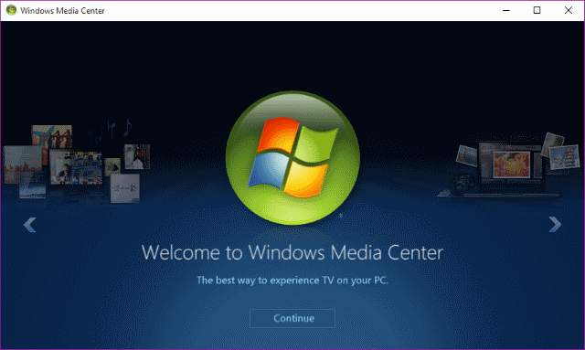 Скриншот: Windows Media Center запущен на рабочем столе Windows 10