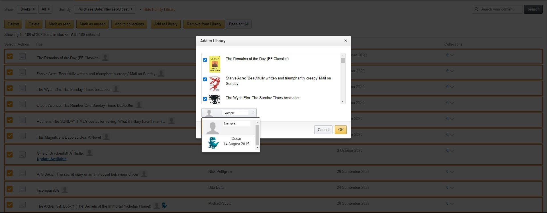 Процесс общего добавления книг в Family Library через браузер