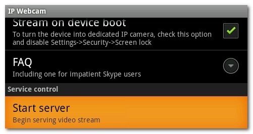Скриншот настроек IP Webcam с включённым автозапуском
