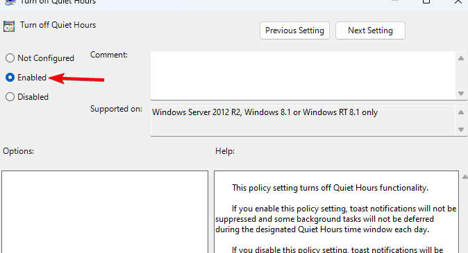 Окно настройки политики с выбором Enable