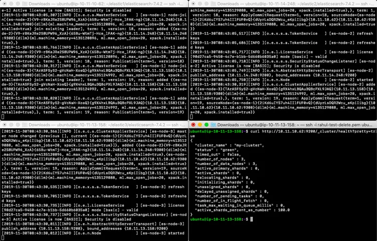 Логи запуска Elasticsearch и добавление узлов в кластер