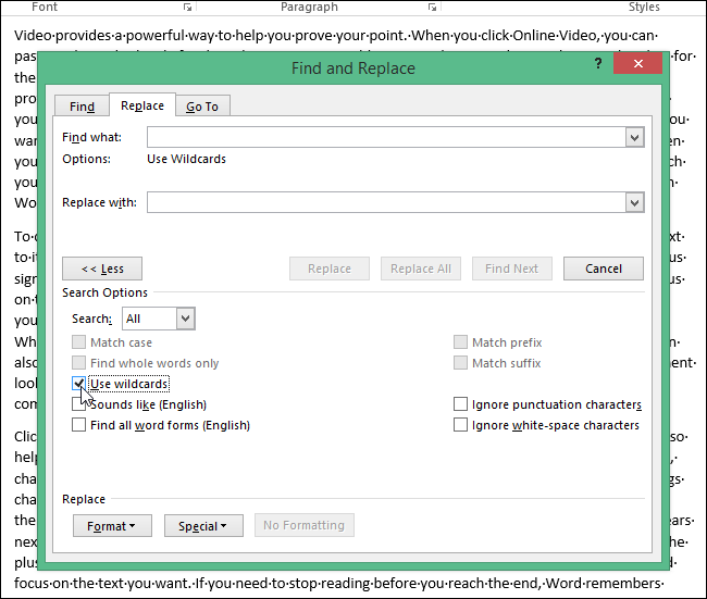 Выбор опции «Использовать подстановочные символы»