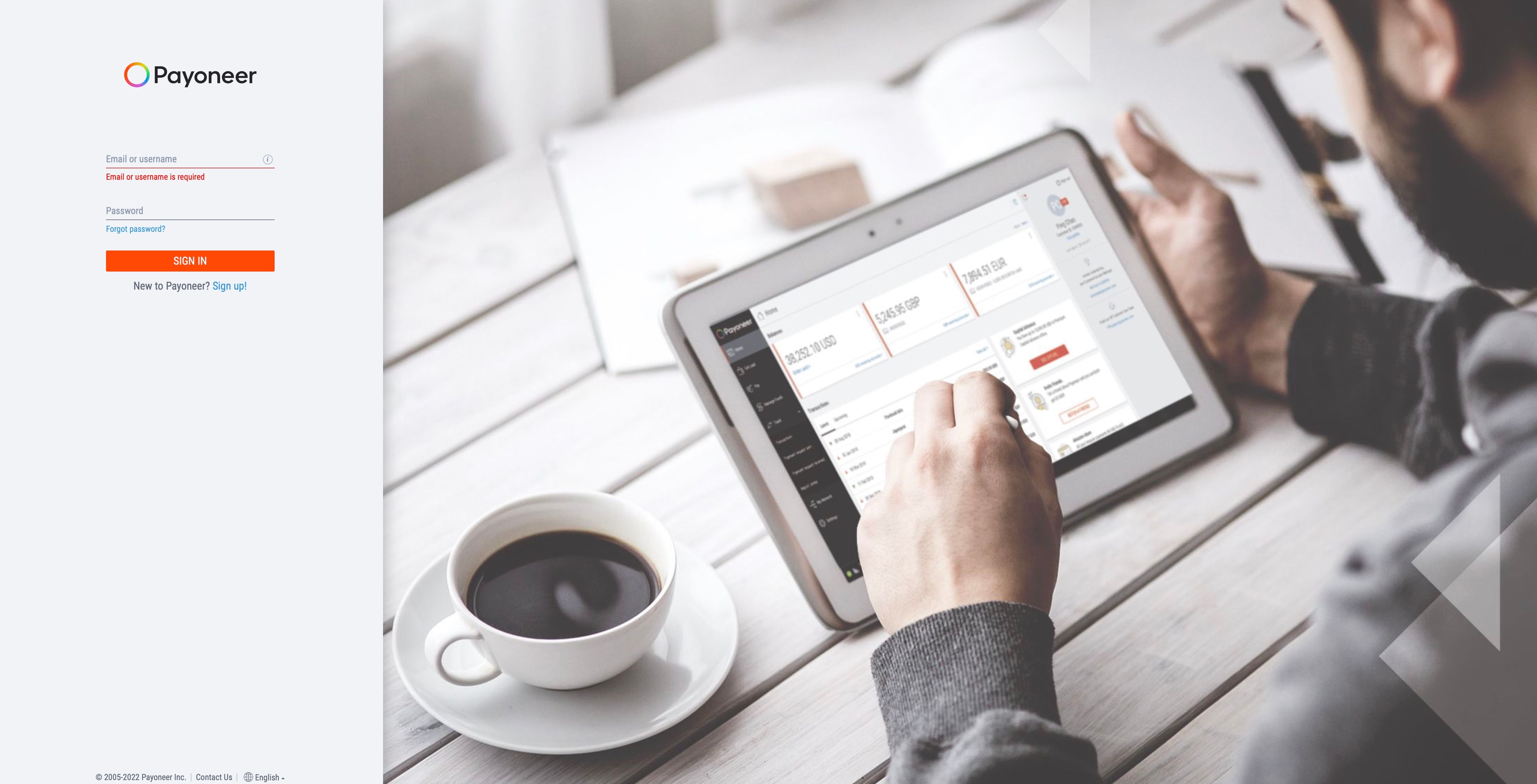 Экран входа и регистрации Payoneer.