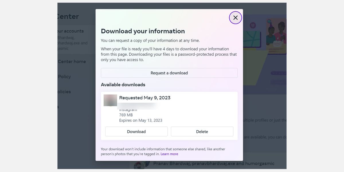 download button for instagram data