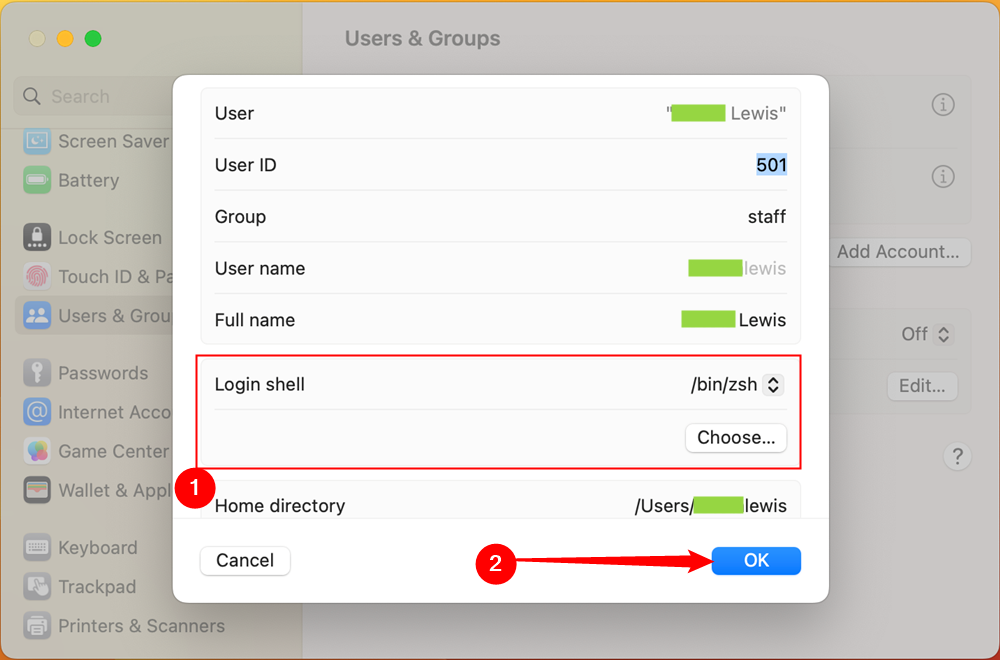 Выбор Login Shell в настройках аккаунта — изменить оболочку через графический интерфейс.