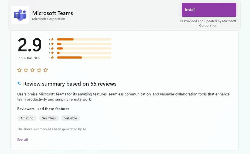 Рейтинг Microsoft Teams в Microsoft Store и пользователи, оставляющие критические отзывы
