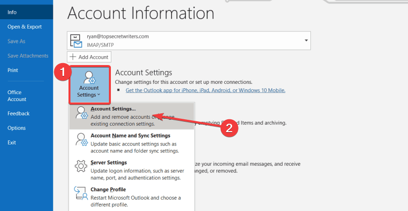Окно настроек учётной записи Outlook
