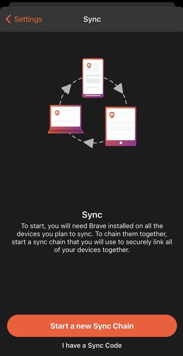 сканирование QR-кода синхронизации Brave