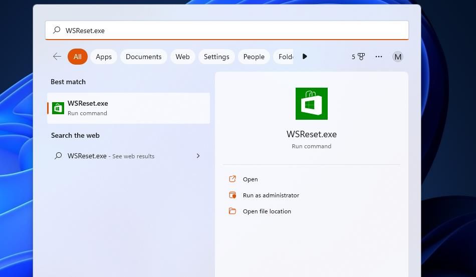 Команда wsreset.exe в поиске и запуск