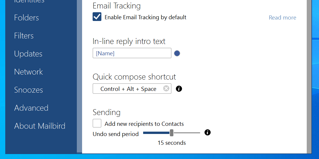 Скриншот: настройки Mailbird, ползунок 