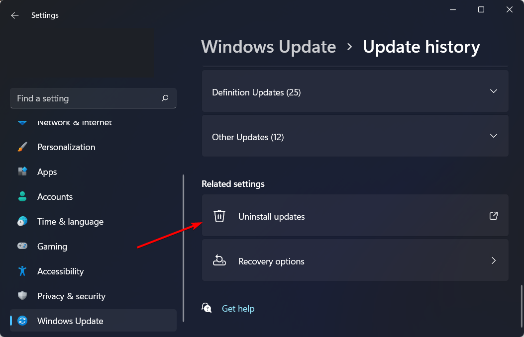 Список недавно установленных обновлений Windows с опцией удаления