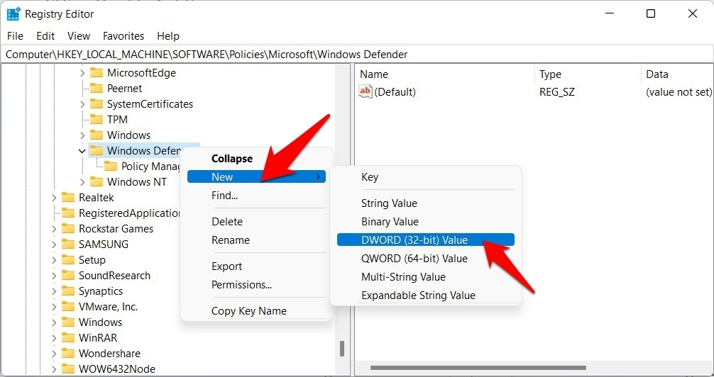 Создание DWORD в реестре для Windows Defender