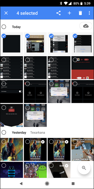 Процесс выбора фото для отправки и меню поделиться в Google Фото