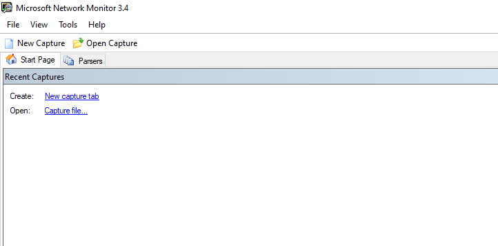 Окно New Capture в Microsoft Network Monitor с кнопкой Start