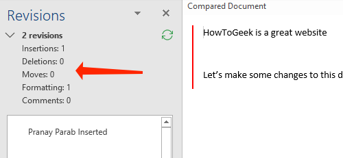 Панель Правок показывает типы изменений