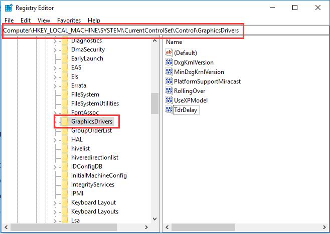 Редактор реестра с открытым ключом TdrDelay