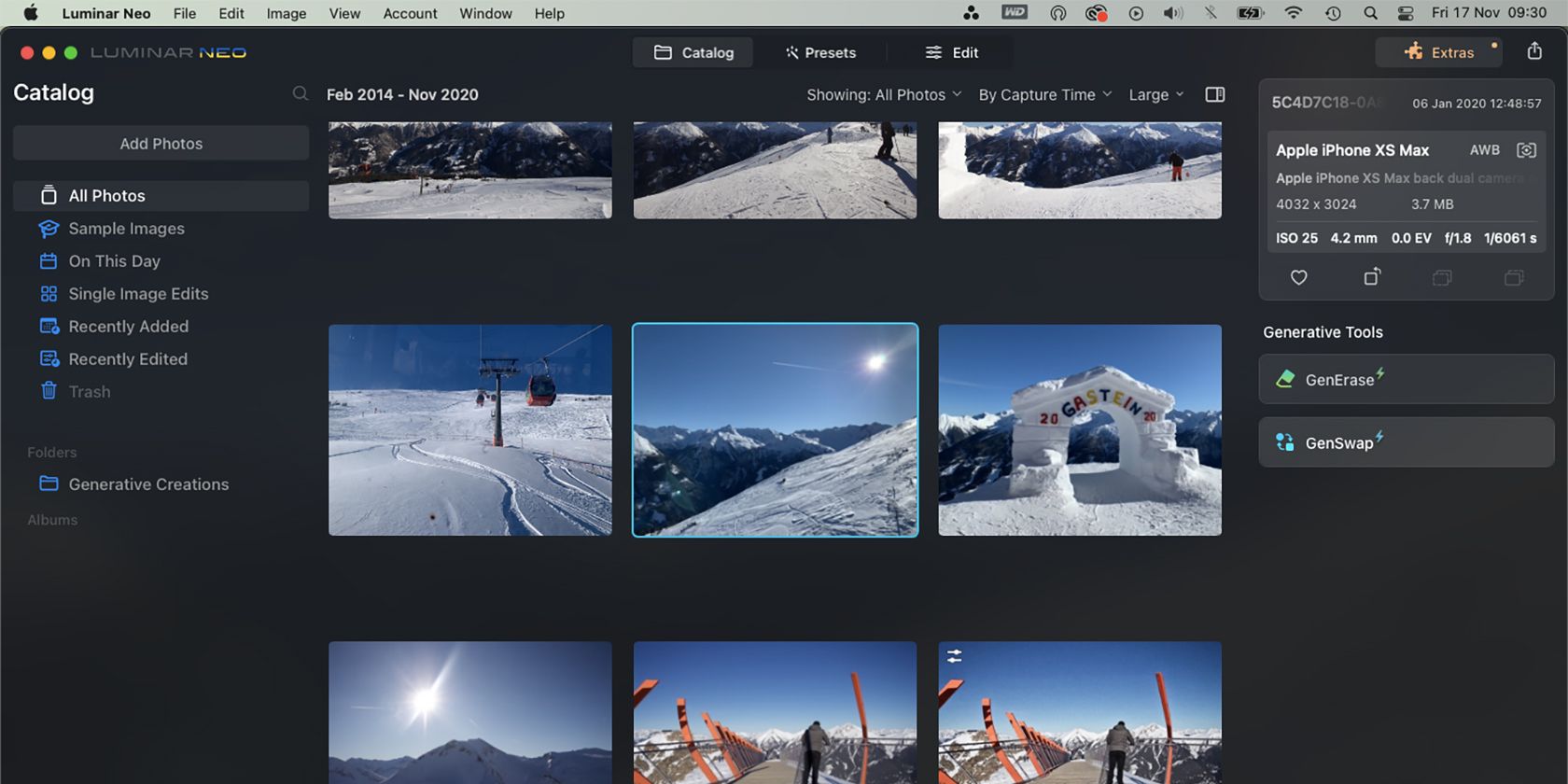 Интерфейс каталога фотографий в Luminar Neo