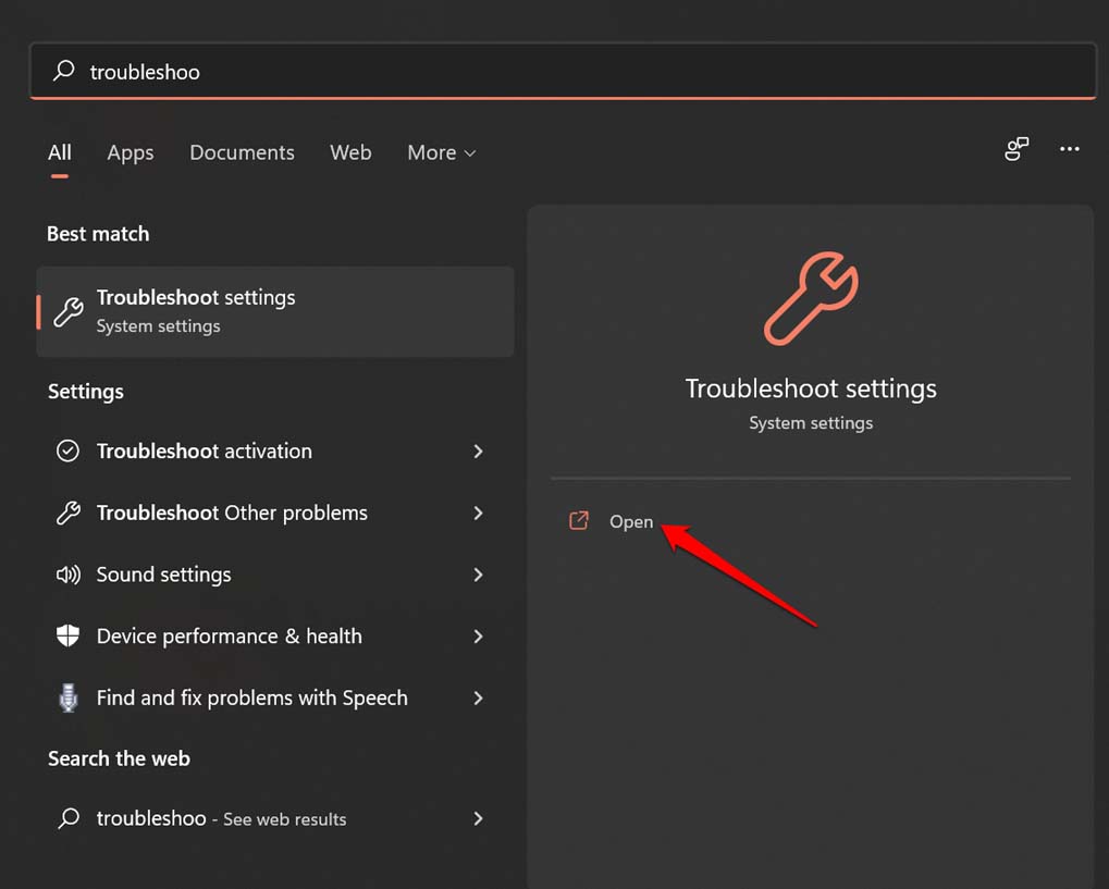 Открыть параметры устранения неполадок