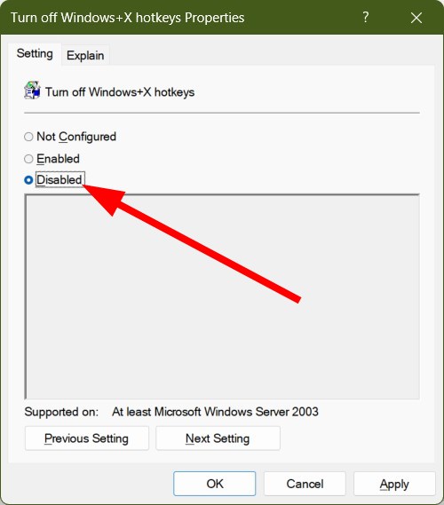 Выбор Disabled для Turn off Windows+X hotkeys