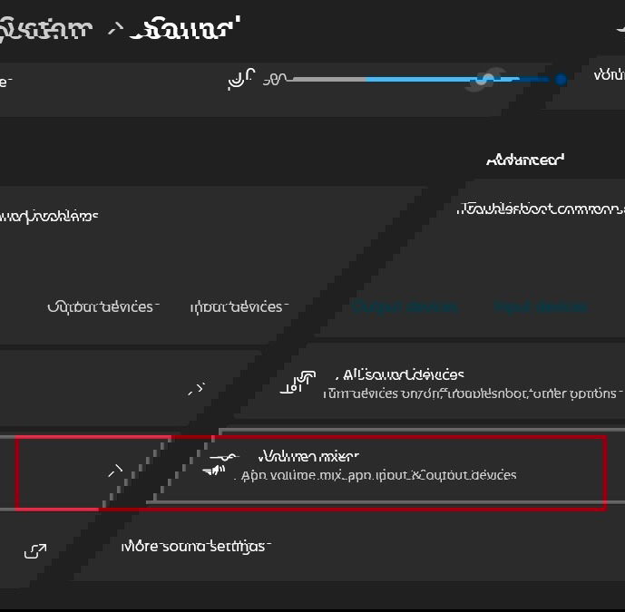 Выбор «Микшера громкости» в параметрах звука