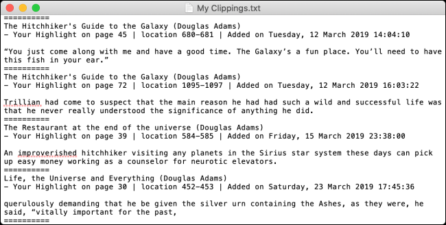 ALT текст: Содержимое My Clippings.txt — список выделений и заметок с указанием книги и позиции
