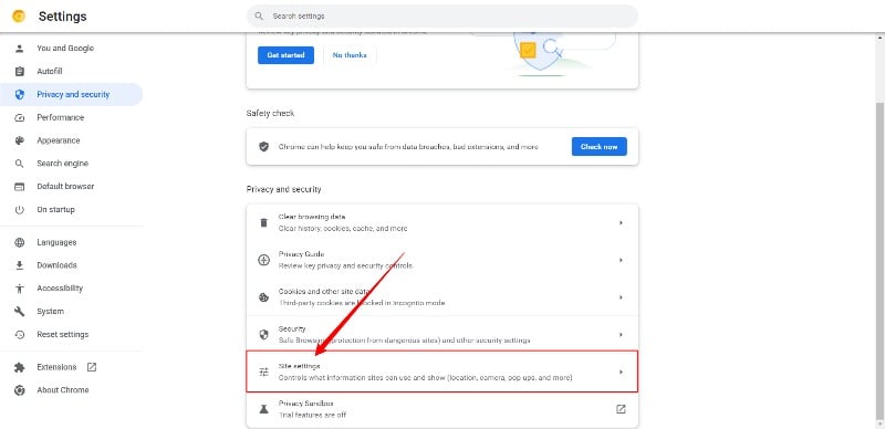 Параметры сайтов в Chrome