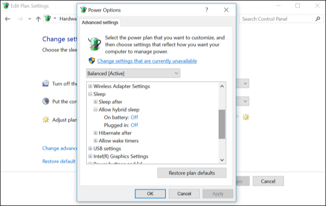 Опция гибридного сна в настройках