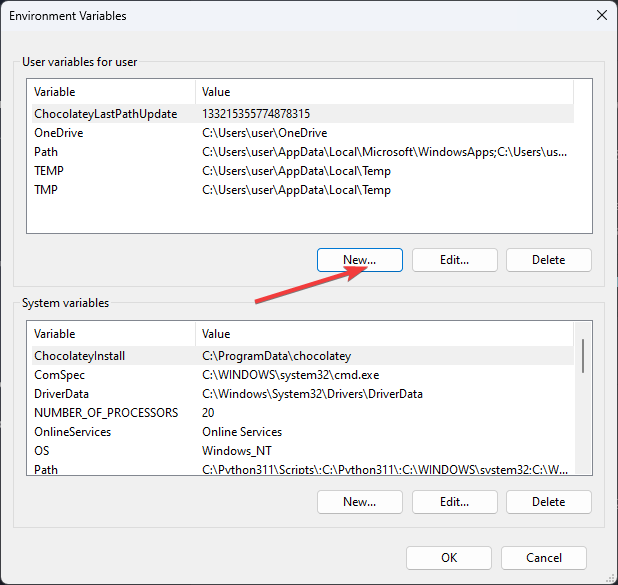 Кнопка Создать в Переменных среды