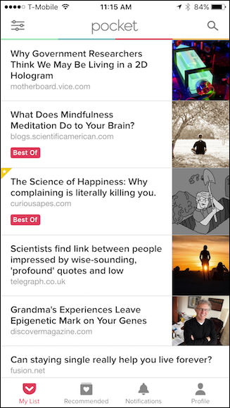 Список сохранённых статей в мобильном приложении Pocket