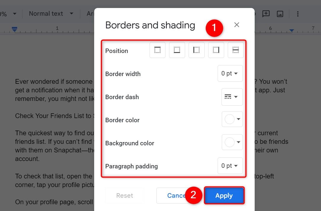 Окно «Рамки и заливка» в Google Docs.