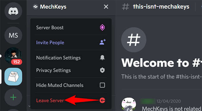 Выберите «Leave Server» в меню сервера Discord на настольном компьютере.