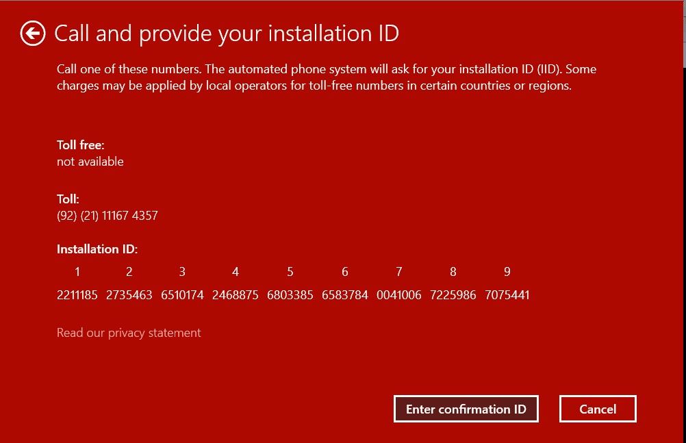 Окно активации с инструкцией для вызова службы поддержки Microsoft