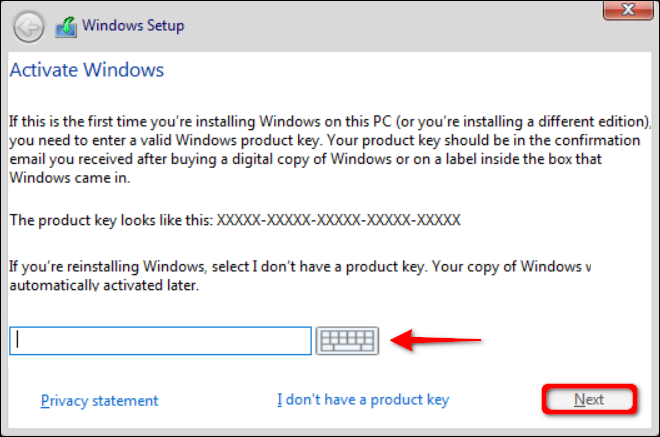 Окно ввода ключа для активации Windows